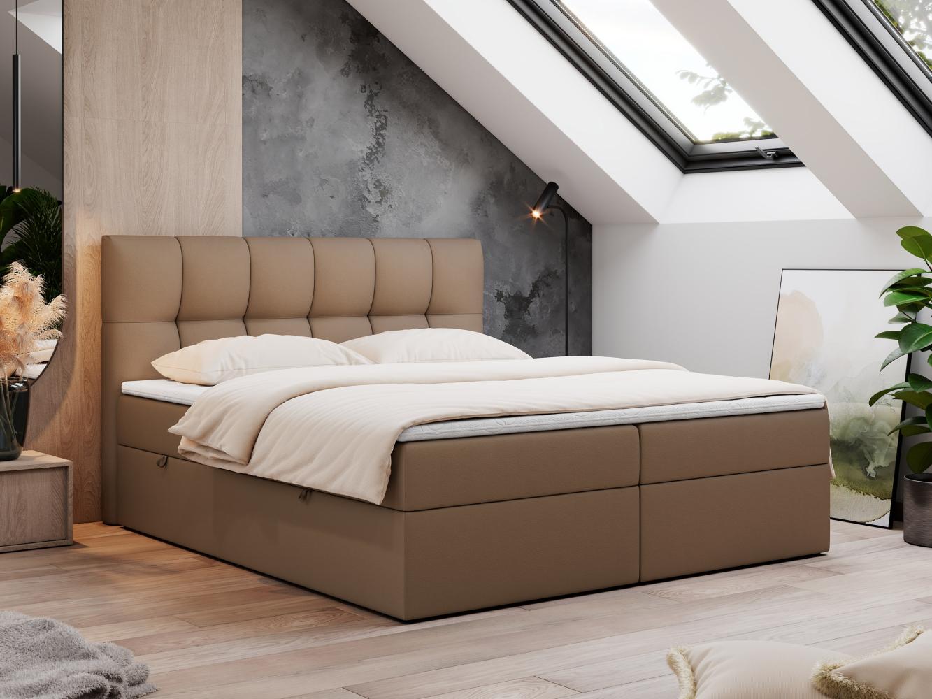 Boxspringbett mit Kopfteil und Topper, Doppelbett - RICO - 160x200cm - Braun Kunstleder - H3 Bild 1