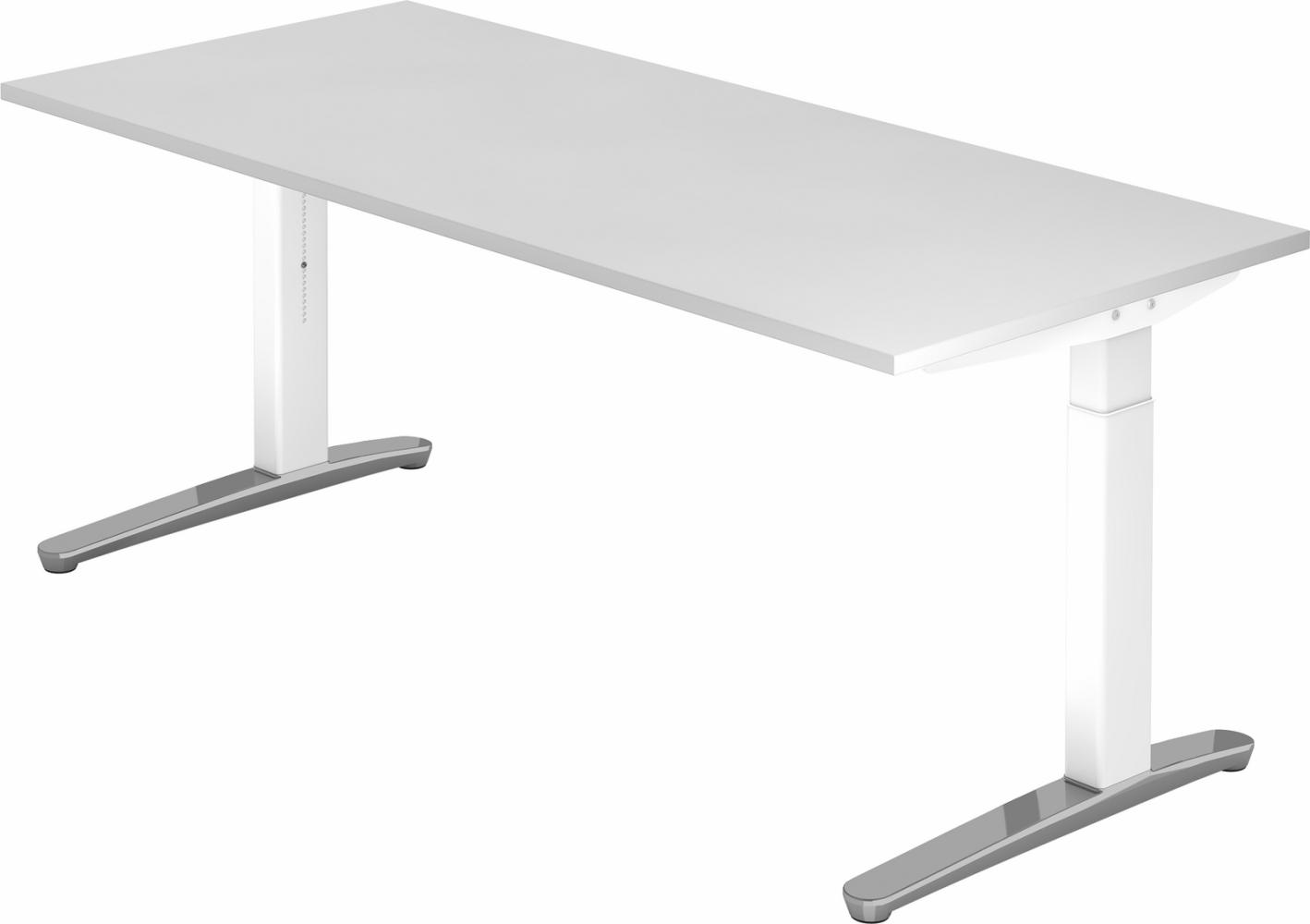 bümö® Design Schreibtisch XB-Serie höhenverstellbar, Tischplatte 180 x 80 cm in weiß, Gestell in weiß/alu poliert Bild 1