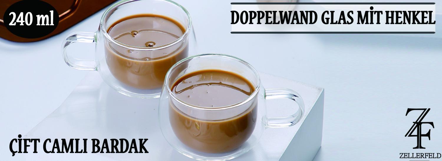 2er Set Doppelwand Glas mit Henkel für Kaffee Tee Gläser-Set 240 ml transparent Bild 1