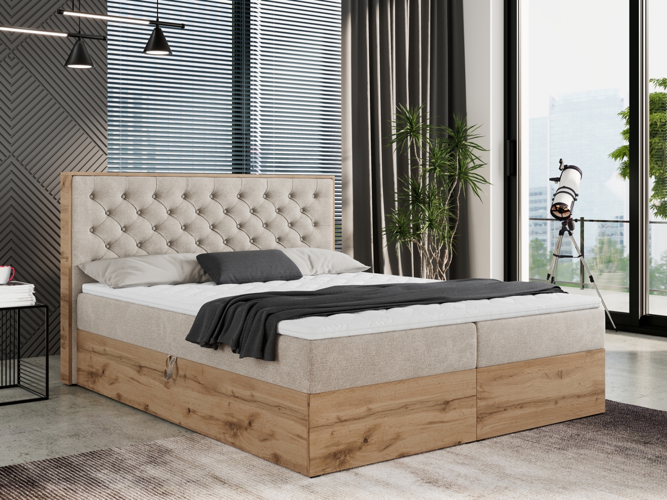 Boxspringbett mit Multipocket-Matratze und Zwei Bettkästen, Doppelbett mit Stauraum - ALBERO 3 - 160 x 200 cm - Beige Stoff - H3 Bild 1