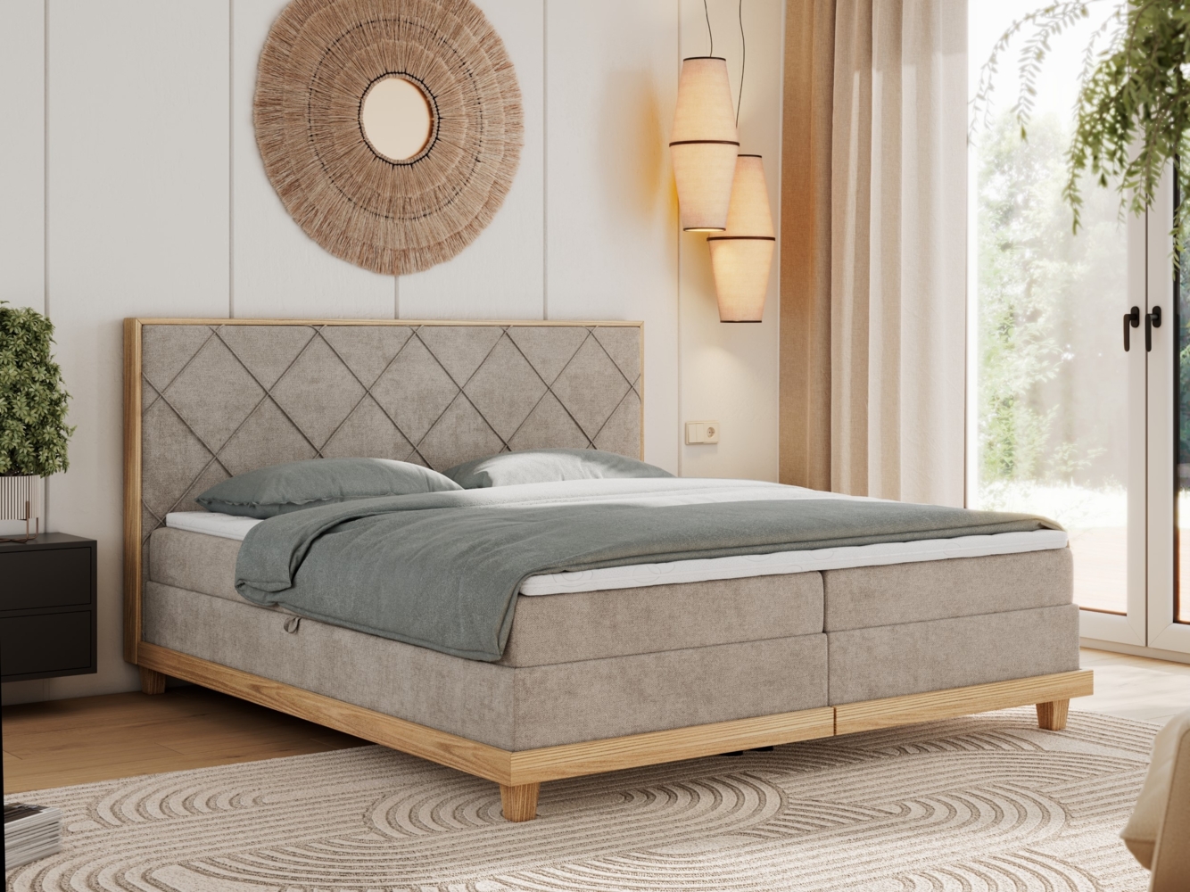 Boxspringbett mit Massivholzelementen und Multipocket - Matratzen - CAICOS - 180 x 200 cm - Beige Stoff - H4 Bild 1