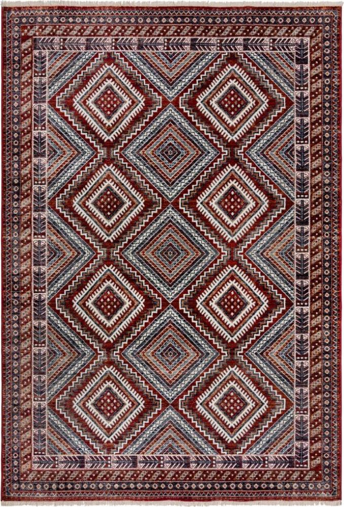 Kadima Design Wohnzimmerteppich mit Fransen & traditionellem geometrischem Muster - "Kelvin". Farbe: Rot, 200x304 cm Bild 1