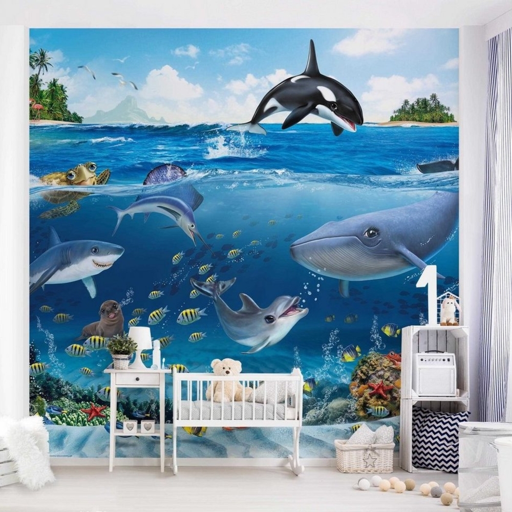 Bilderdepot24 Kindertapete Kinderzimmer Unterwasserwelt Tiere Fische Wanddeko Wal Hai Delphin, Glatt, Matt, (Vliestapete inkl. Kleister oder selbstklebend), Mädchenzimmer Jungenzimmer Babyzimmer Bildtapete Fototapete Wandtapete Bild 1