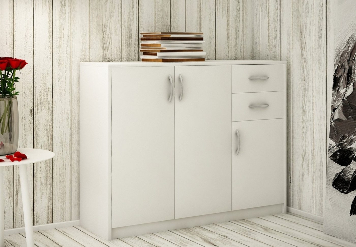 Home Collective Kommode mit 2 Schubladen und 3 Türen in matter Ausführung, Kommode 110cm breit (Hergestellt aus laminierten Platten, Metallrollen mit Auszugsperre), Holz Schrank Sideboard Highboard Kommode mit Schubladen Weiß Bild 1