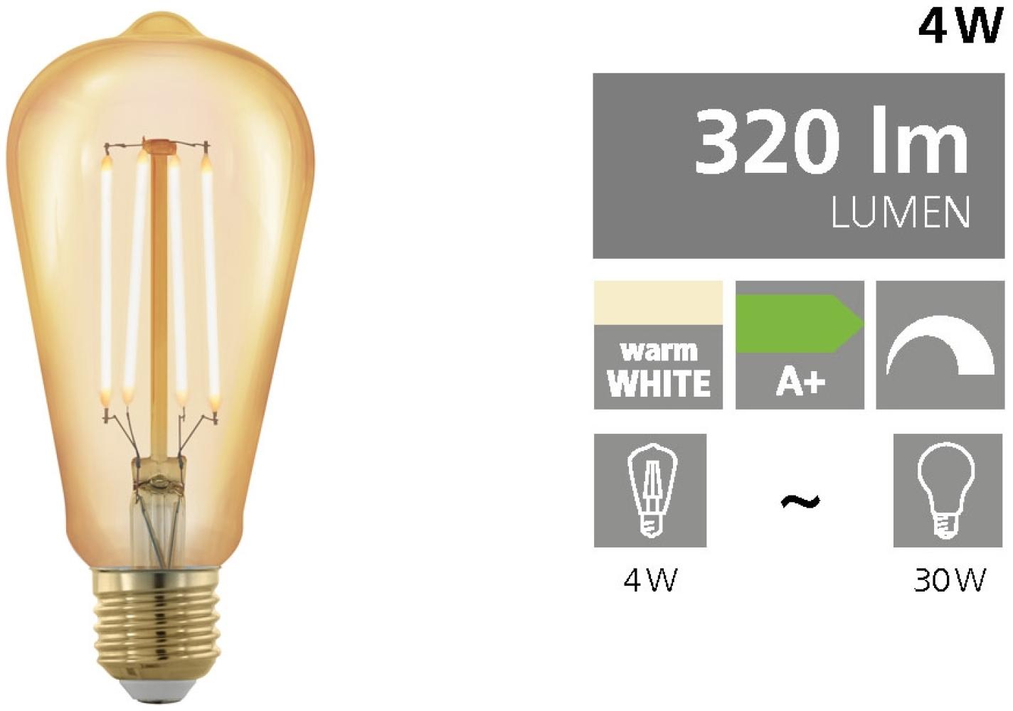 Eglo 11696 LED FILAMENT Leuchtmittel GOLDEN AGE - E27-LED-ST64 4W/320lm 1700K 1 STK dimmbar Bild 1