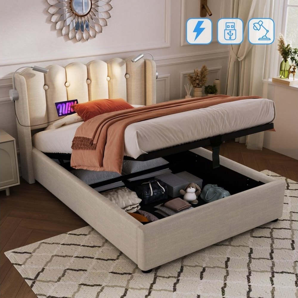 BlingBin Einzelbett Polsterbett (1-tlg, Ladefunktion und Bettkasten, mit Leselicht 90 ×200CM), 2 USB-Ladeanschlüsse,mit lattenrost,Ohne Matratze,Leinen Bild 1