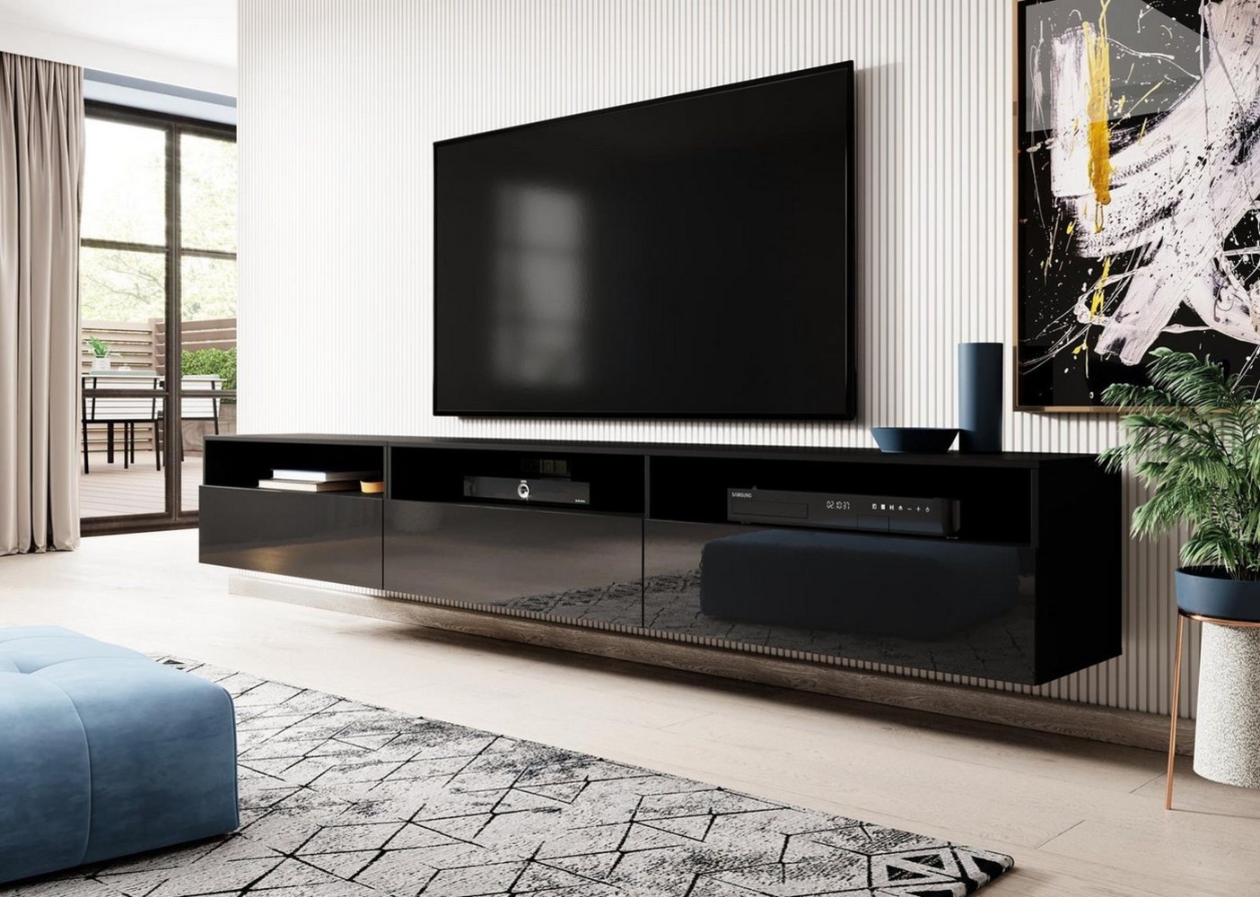 Compleo TV-Schrank 270 cm breit MEDIAS, schwarze Hochglanz, dreitürig Bild 1