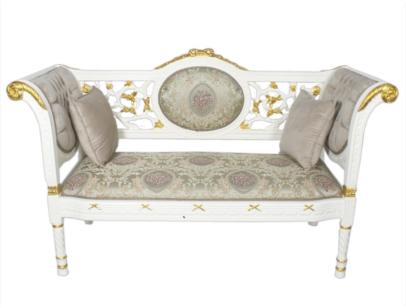 Casa Padrino Barock Sitzbank Grau Creme Muster / Weiß Gold 155 x 50 x H. 70 cm - Antikstil Sitzbank Bild 1