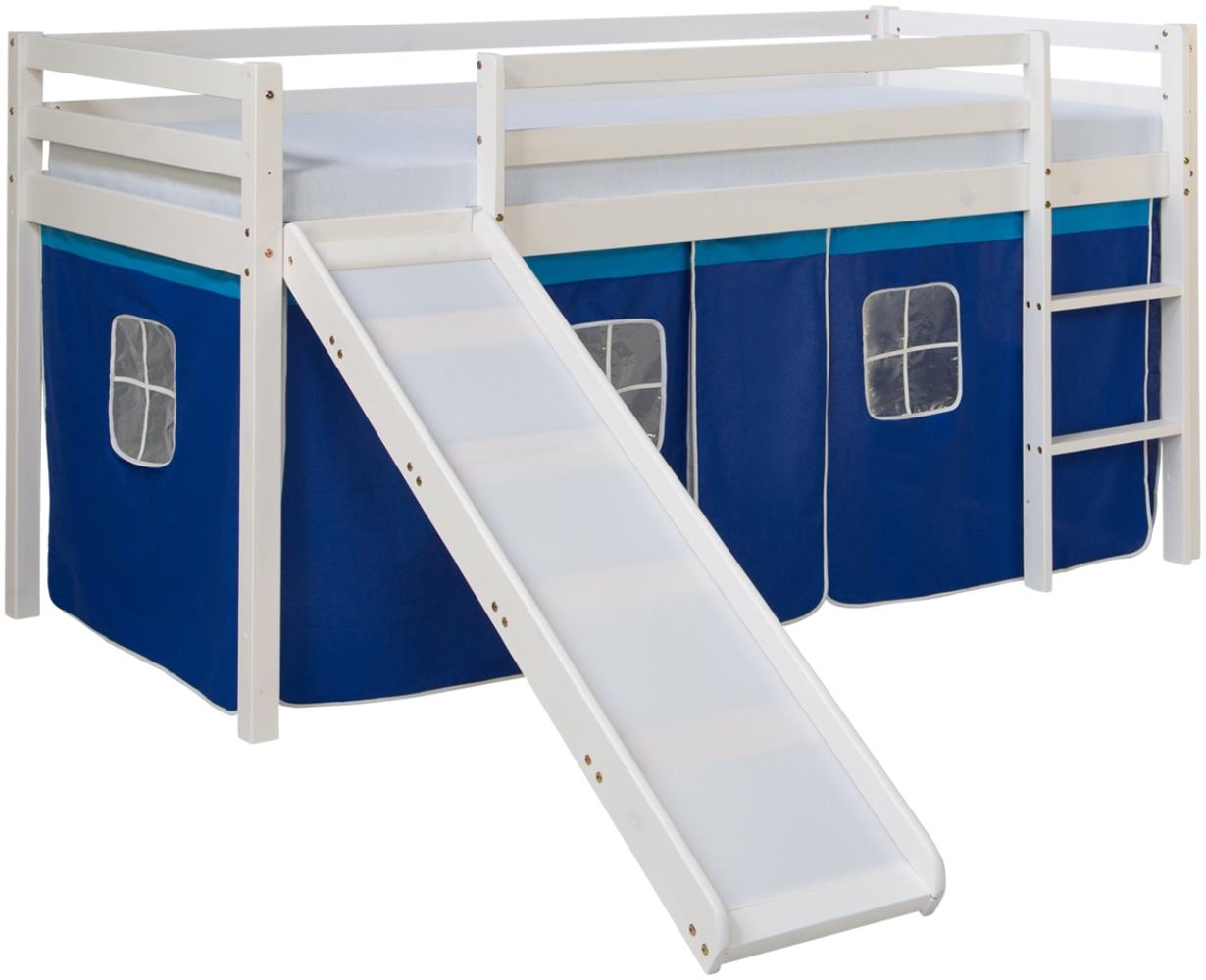 Hochbett mit Lattenrost 90x200 Rutsche Stockbett Kinderbett Holz Kiefer Vorhang blau Spielbett Bild 1