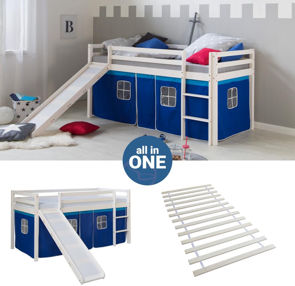 Hochbett mit Lattenrost 90x200 Rutsche Stockbett Kinderbett Holz Kiefer Vorhang blau Bild 1