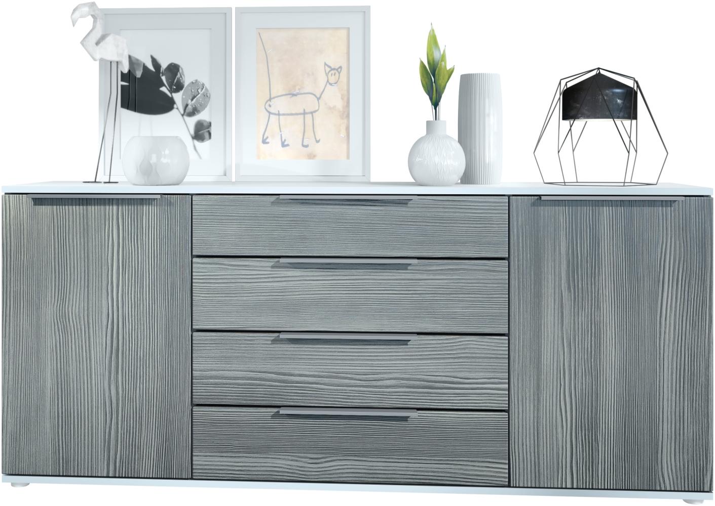 Vladon Sideboard Linio V2 166,5 x 72,5 x 35 cm Anrichte mit 2 Türen und 4 Schubladen, Korpus in Weiß matt, Fronten in Avola-Anthrazit Bild 1