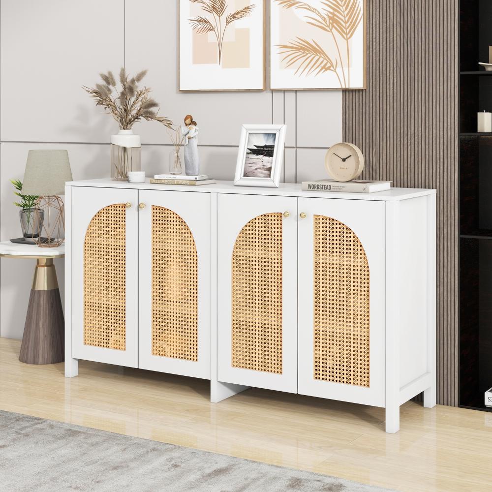 Merax Modernes Sideboard im minimalistischen Stil 4-Rattantür, Metallgriff einfaches Buffetschrank für Esszimmer, Wohnzimmer, Küche (weiß) Bild 1