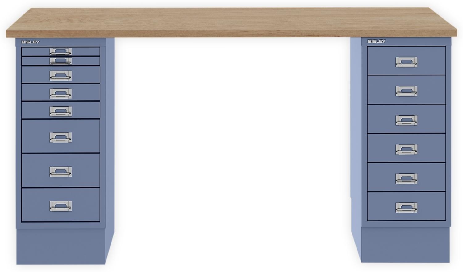 MultiDesk, 1 MultiDrawer mit 6 Schüben, 1 MultiDrawer mit 8 Schüben, Dekor natürliche Eiche, Farbe Blau, Maße: H 740 x B 1400 x T 600 mm Bild 1