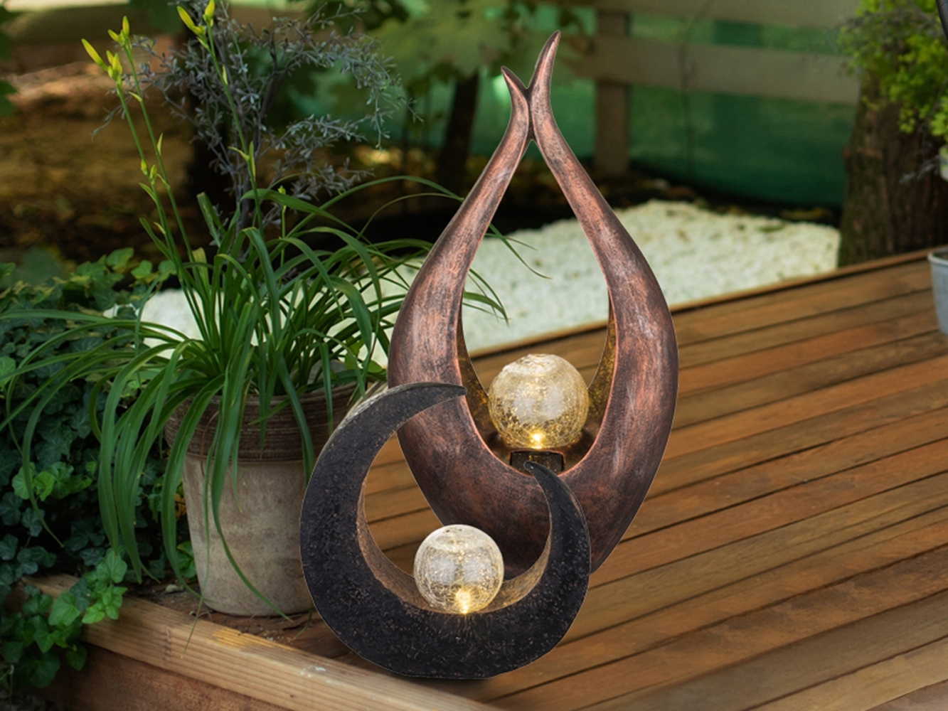 2er SET LED Solarleuchten mit Crackleglas Kugel, groß Bronze & klein Steinoptik Bild 1
