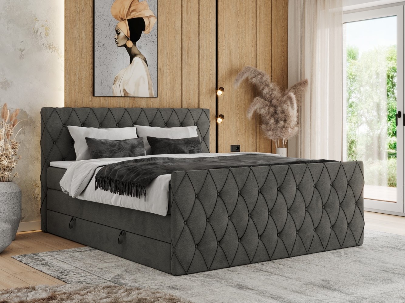 Boxspringbett, Doppelbett mit Fußteil, Multipocket-Matratzen und Topper, gestepptes Kopfteil und Front - MIREN KING DUO - 180x200 cm - Dunkelgrau Velours - H3 Bild 1