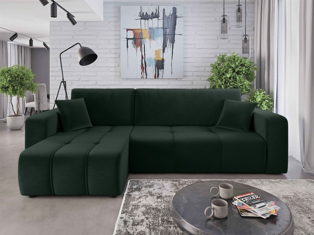 Ecksofa mit Schlaffunktion Sofa DAGNY in Stoff Kronos Grün Ottomane Links Bild 1