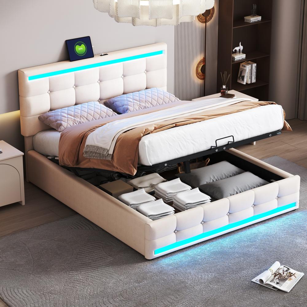 Merax Polsterbett 140*200 Gepolstertes LED-Bettgestell mit 2 USB-Ladestationen, Bettgestell Kopfteil höhenverstellbar, Leinen Beige Bild 1