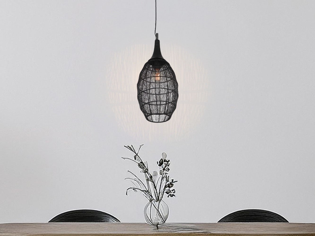 LED Pendelleuchte mit Drahtgeflecht Lampenschirm Oval Schwarz, Ø 26cm Bild 1