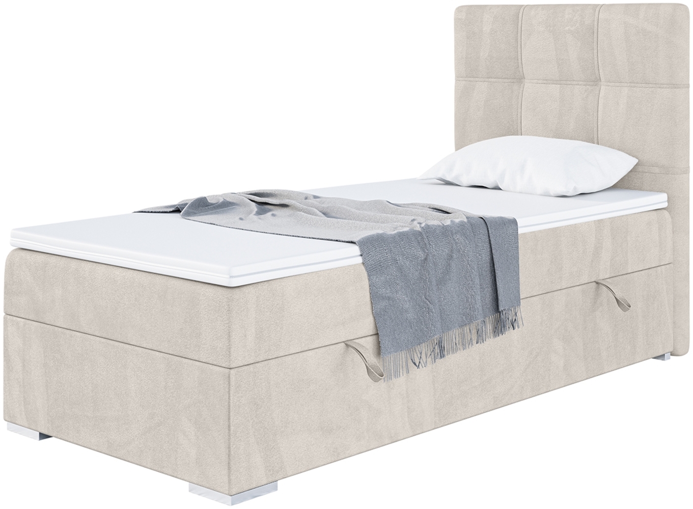 MEBLINI Boxspringbett KAI 100x200 cm mit Bettkasten - H4/Beige Samt Gepolstert Einzelbett mit Topper & Taschenfederkern-Matratze - 100x200 Rechts Bild 1