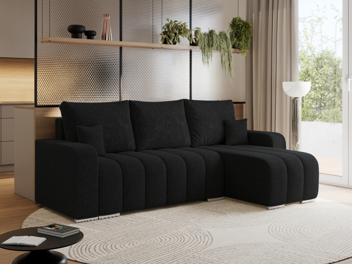 Universelles Ecksofa in Streifen genäht mit Schlaffunktion und Bettkasten, modern Stil - KIRASSO - Schwarz Boucle Bild 1