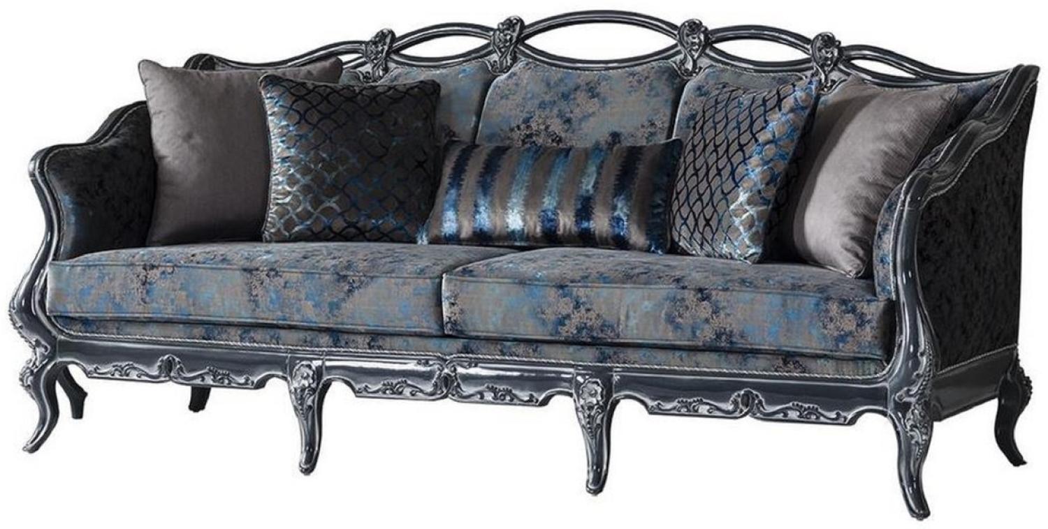 Casa Padrino Luxus Barock Sofa Grau / Blau / Grau 224 x 103 x H. 110 cm - Edles Wohnzimmer Sofa mit elegantem Muster und dekorativen Kissen - Barockstil Wohnzimmer Möbel Bild 1