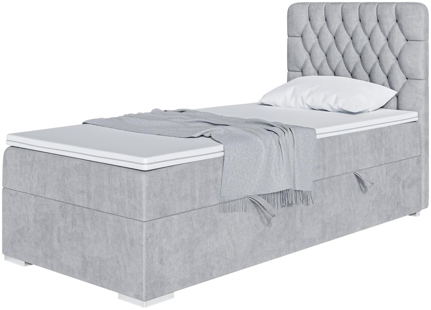 MEBLINI Boxspringbett DALIA 90x200 cm mit Bettkasten - H3/Hellgrau Samt Gepolstert Einzelbett mit Topper & Taschenfederkern-Matratze - 90x200 Links Bild 1