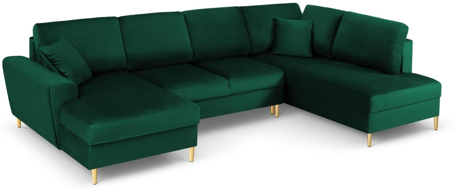 Micadoni 7-Sitzer Samtstoff Panorama Sofa Rechts mit Box und Schlaffunktion Moghan | Bezug Bottle Green | Beinfarbe Gold... Bild 1