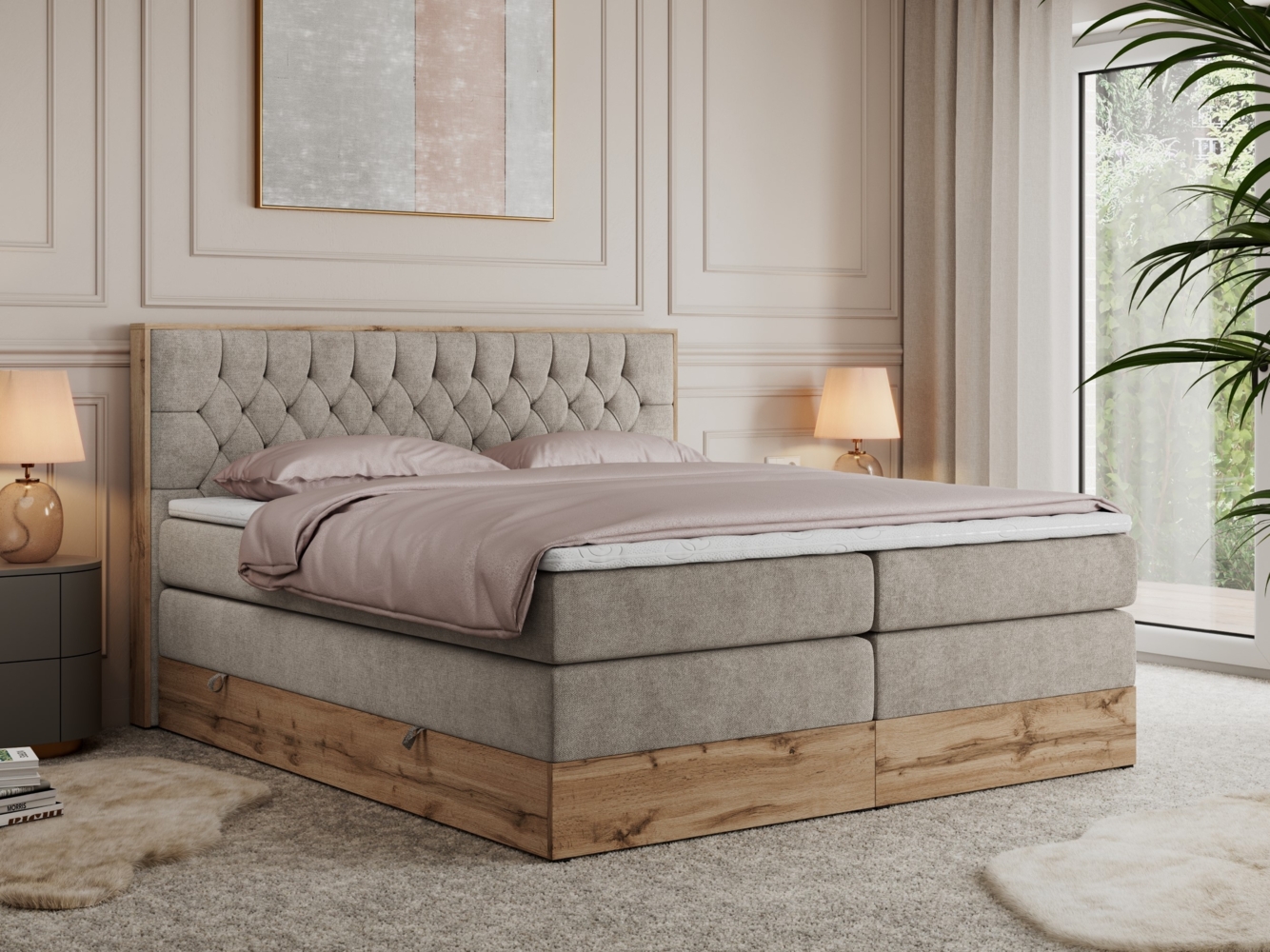 Boxspringbett AMORE KING, Doppelbett mit Multipocket-Matratze, Polsterbett mit Kopfstütze - 200 x 200 cm - Beige Stoff - H4 Bild 1