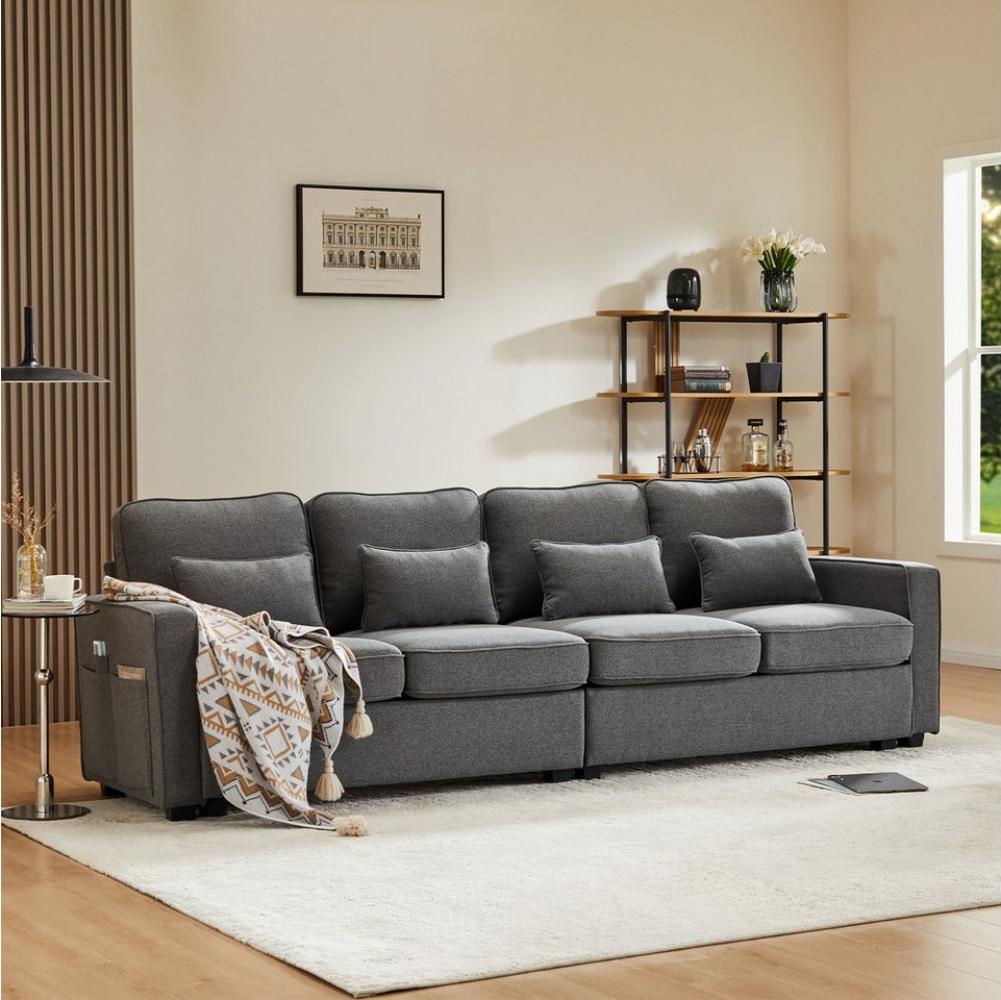 Merax 4-Sitzer mit Seitentaschen und Zierkissen, XXL-Sofa mit Leinenbezug,Chaiselounge,Polstermöbel Bild 1