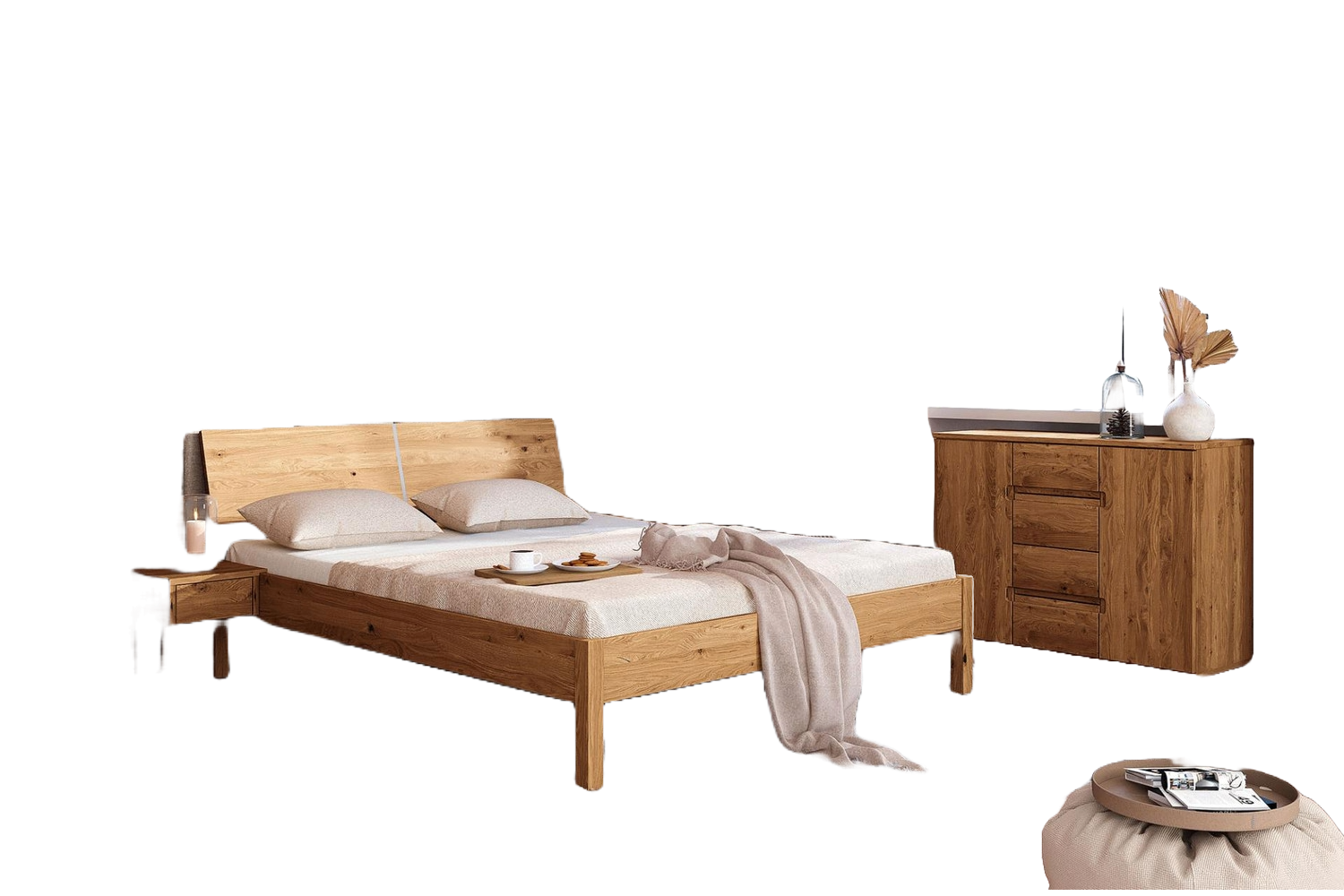 Bett Bento 9 Sonderlänge 90x210 Wildeiche massiv mit Holzkopfteil und Holzbeine Bild 1