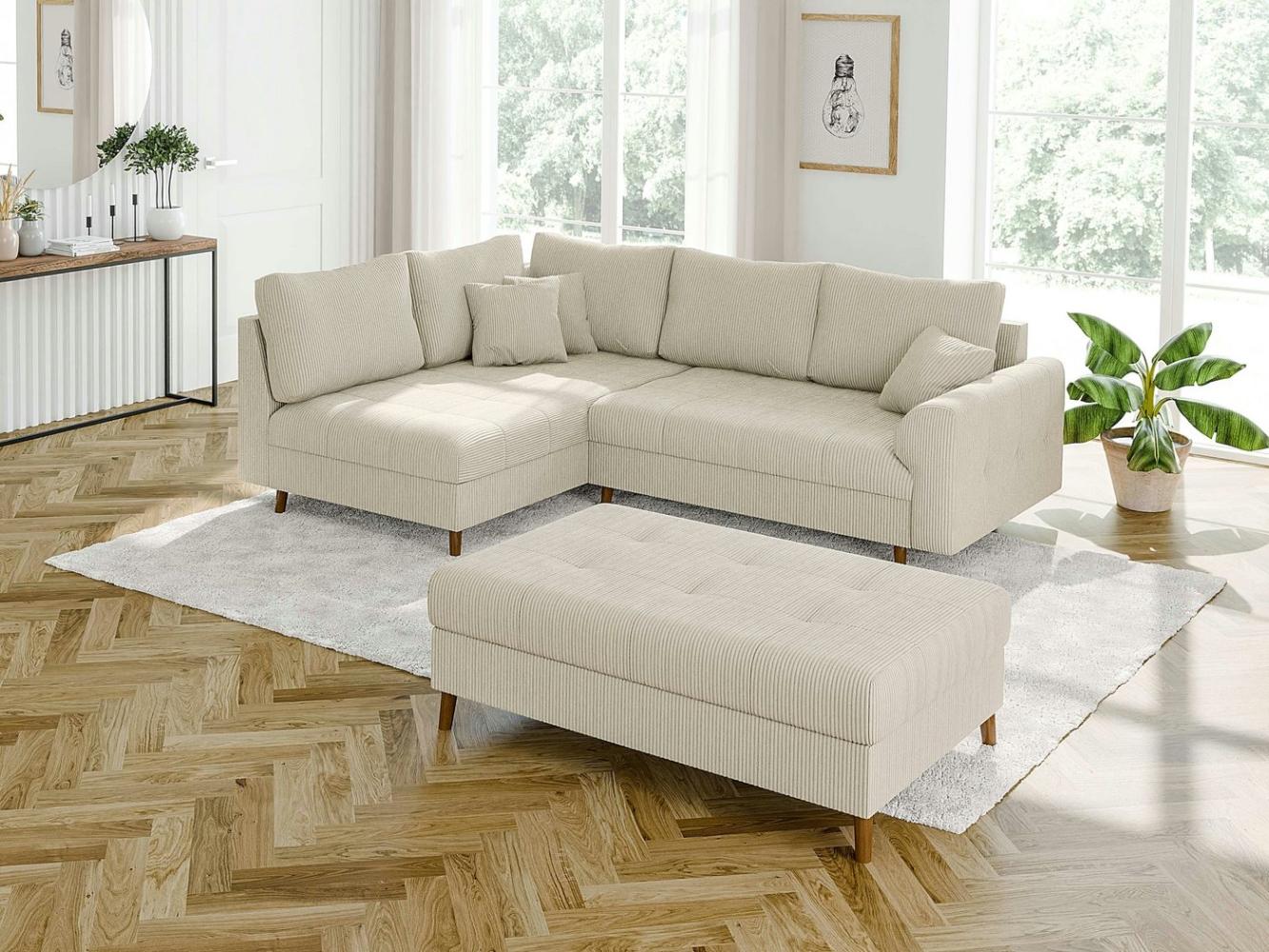 S-Style Möbel Ecksofa und Hocker Zara mit Schlaffunktion und Braun Holzfüßen aus Cord-Stoff, Ottomane links oder rechts bestellbar. Schlaffunktion in Kombination mit Hocker möglich, mit Wellenfederung Bild 1