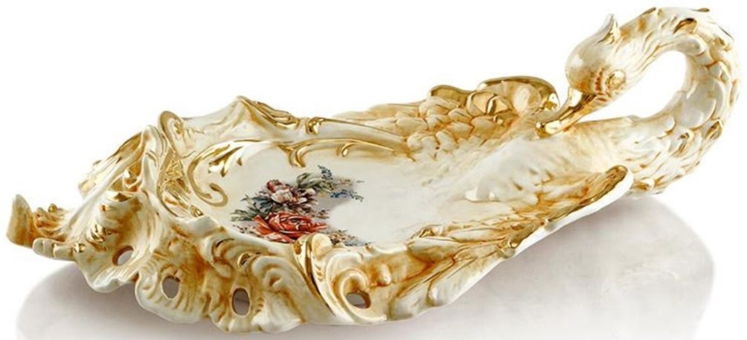 Casa Padrino Barock Serviertablett Schwan mit Blumen Gold / Weiß / Mehrfarbig 54x30 x H. 16 cm - Handbemaltes Keramik Tablett im Barockstil Bild 1