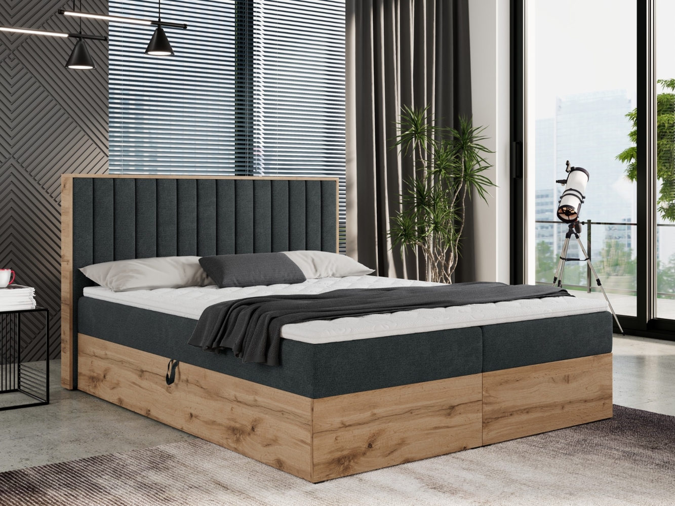 Boxspringbett mit dekorativem Kopfteil und zwei Bettkästen, Eiche Holzrahmen - ALBERO 4 - 140x200 cm - Dunkelgrau Stoff - H4 Bild 1