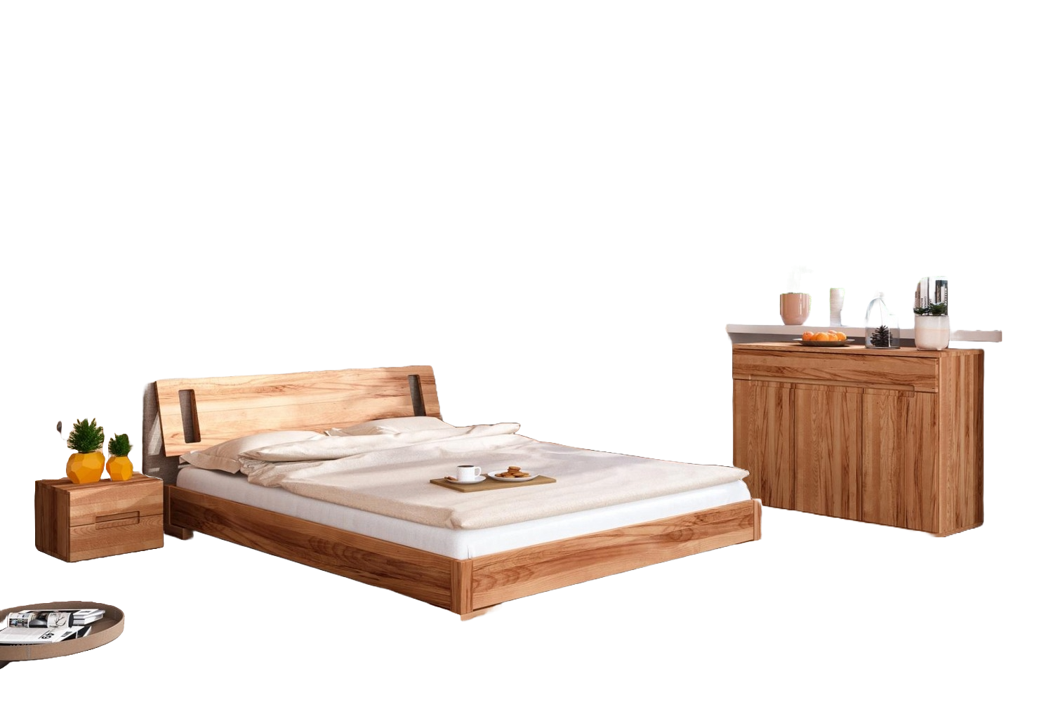 Bett Bento 12 Sonderlänge 160x220 Kernbuche massiv Holzkopfteil und Holzbeine Bild 1