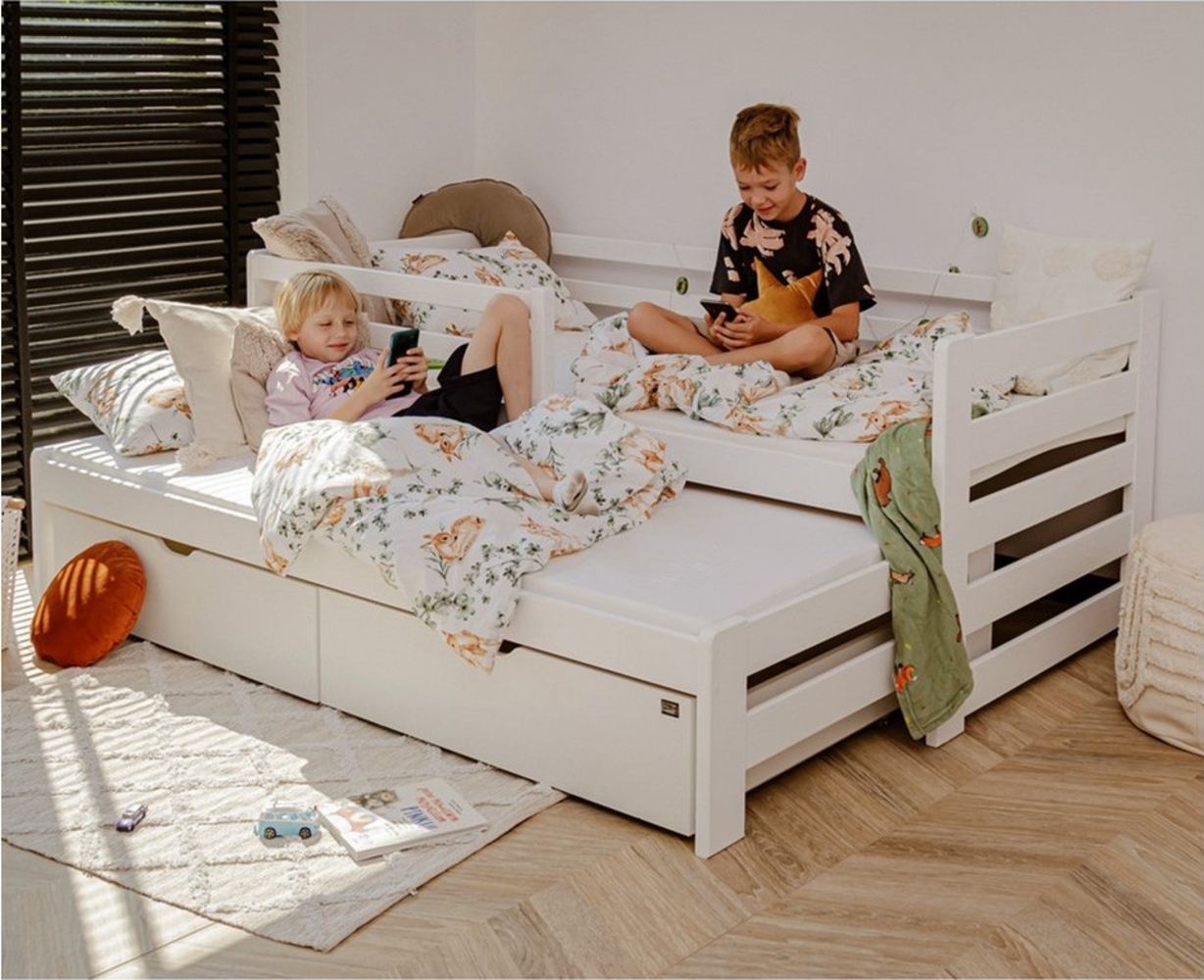 Lomadox Kinderbett KANGRU-162, Kiefer weiß, Kinderzimmer Bett, ausziehbare Liegefläche Bild 1