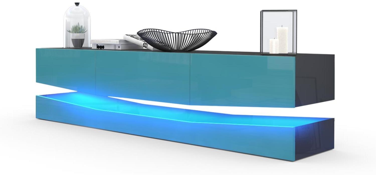 Vladon Lowboard City, TV-Kommode mit Sockelelement, 1 offenem Fach und 3 Schubkästen, Schwarz Hochglanz/Petrol Hochglanz, inkl. LED-Beleuchtung (178 x variabel x 39 cm) Bild 1