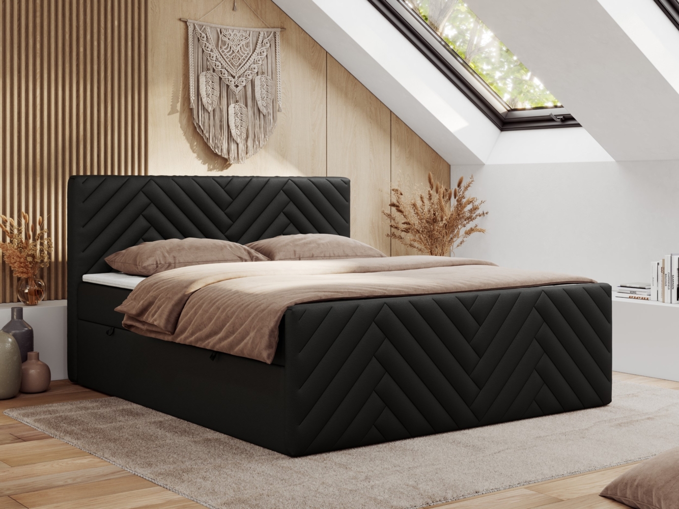 Boxspringbett mit zwei Bettkästen, 7 Härtezonen Multipocket-Matratzen, dekoratives Kopfteil und Front, Doppelbett - PARIS DUO - 120 x 200 cm - Schwarz Kunstleder - H4 Bild 1