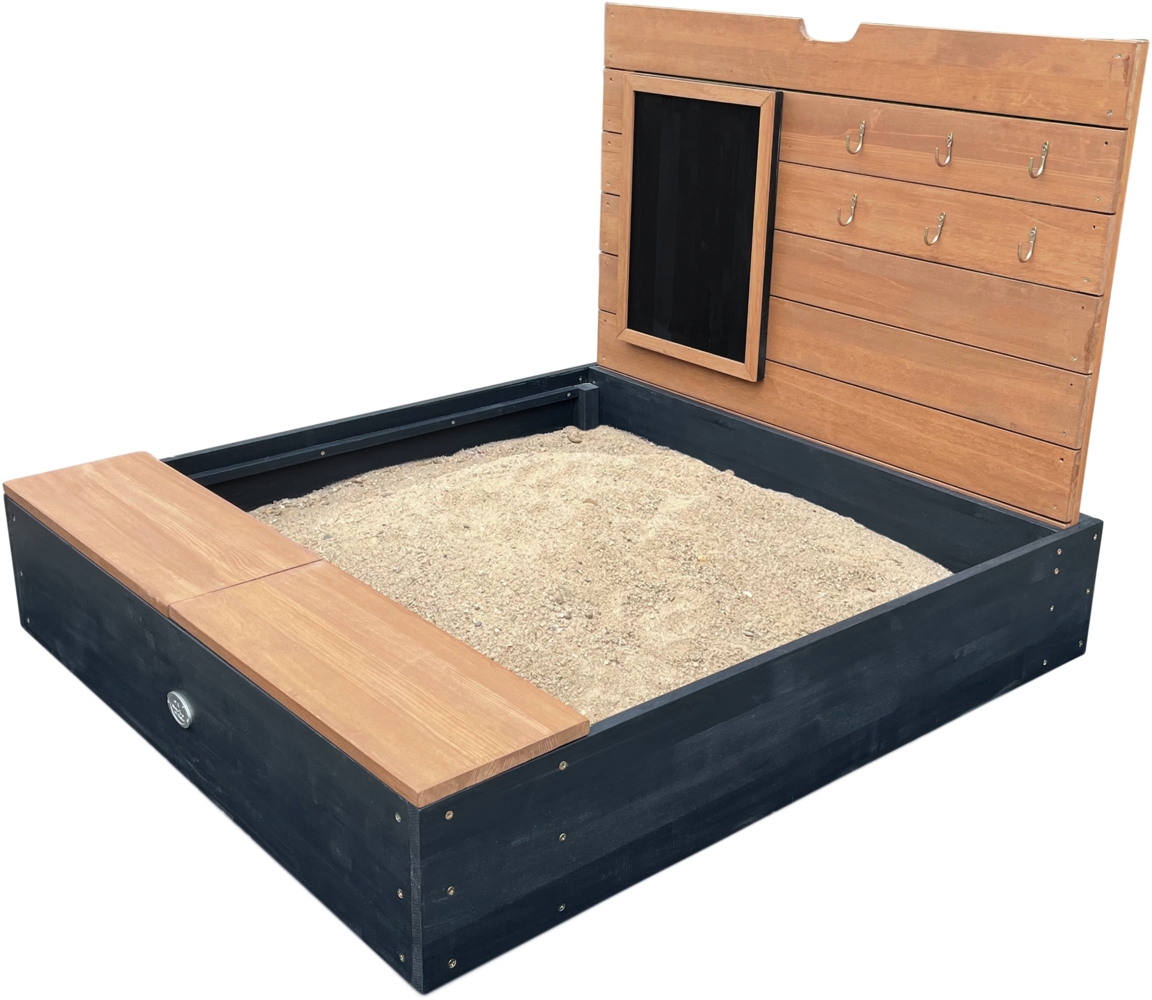 AXI Mandy Sandkasten aus FSC Holz mit Sitzbank, Stauraum, Deckel & Kreidetafel Sandbox in Anthrazit & Braun inklusive Bodeplane | Grau, Braun, Gelb | Holz | 100.00 cm Bild 1