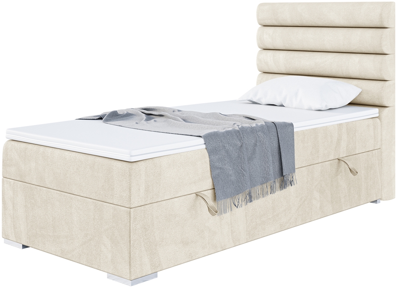 MEBLINI Boxspringbett KARIM 80x200 cm mit Bettkasten - H3/Creme Samt Gepolstert Einzelbett mit Topper & Taschenfederkern-Matratze - 80x200 Rechts Bild 1