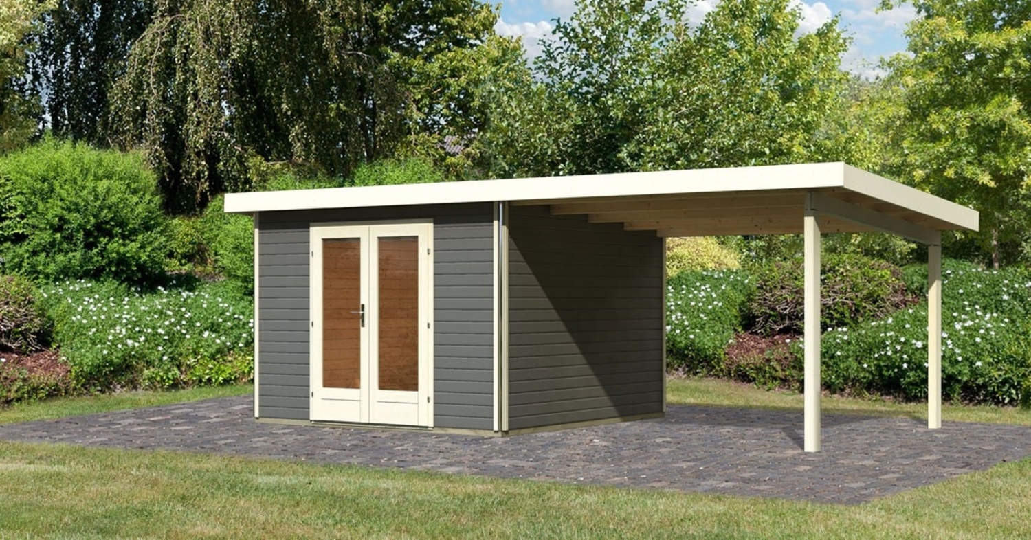 Gartenhaus Radeburg 1 - 309x309 cm plus Anbaudach 3,30m, 40 mm Holz terragrau, Karibu Bild 1
