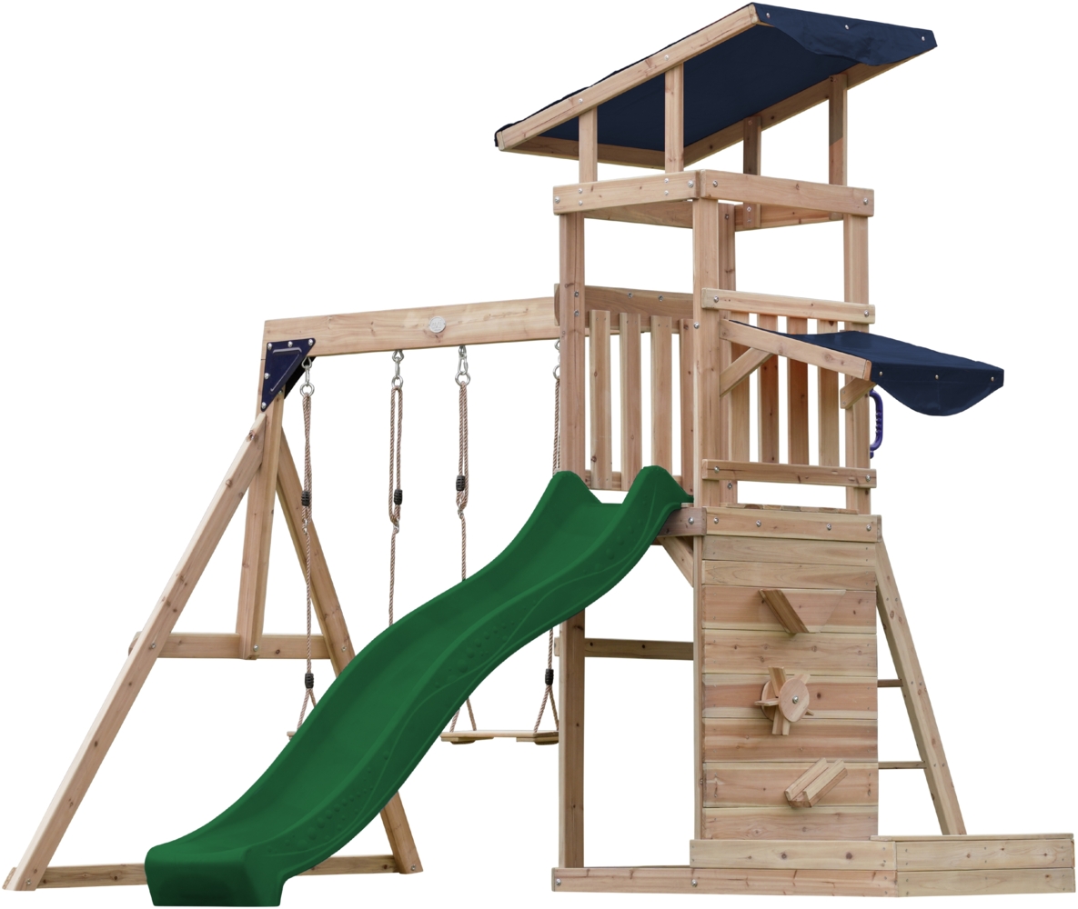 AXI Malik Spielturm aus Holz mit 2 Schaukeln XXL Spielhaus / Spielplatz für Kinder mit Sandkasten, Spielwand & Rutsche in Grün | Braun, Blau | Holz | 336 cm Bild 1