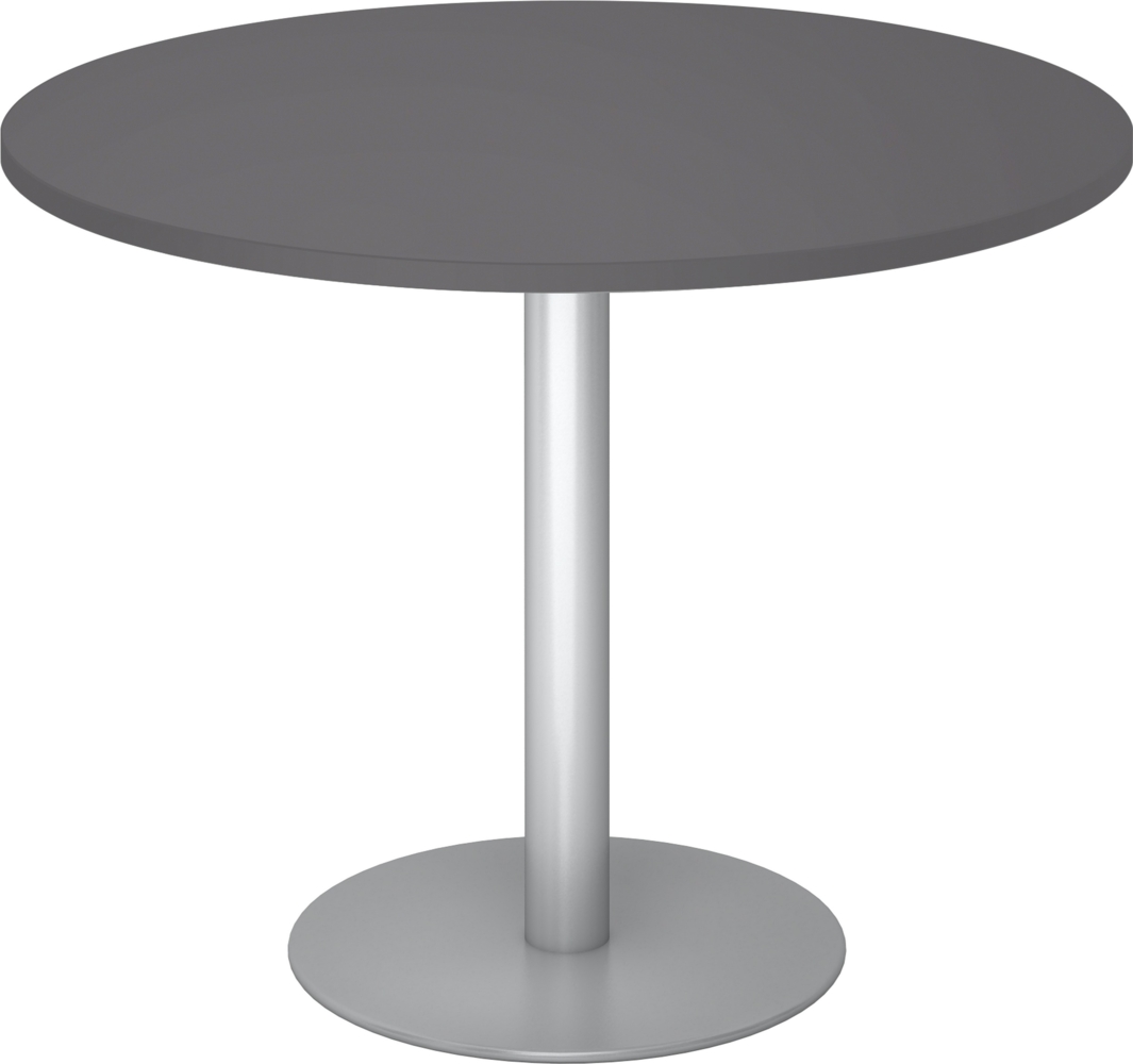 bümö Besprechungstisch, Esstisch klein, Tisch rund 100 cm - kleiner Esstisch graphit, Rundtisch Esstisch 2 Personen mit Holz-Platte, Säule aus Metall in silber, Konferenztisch, Bistrotisch, STF10-G-S Bild 1