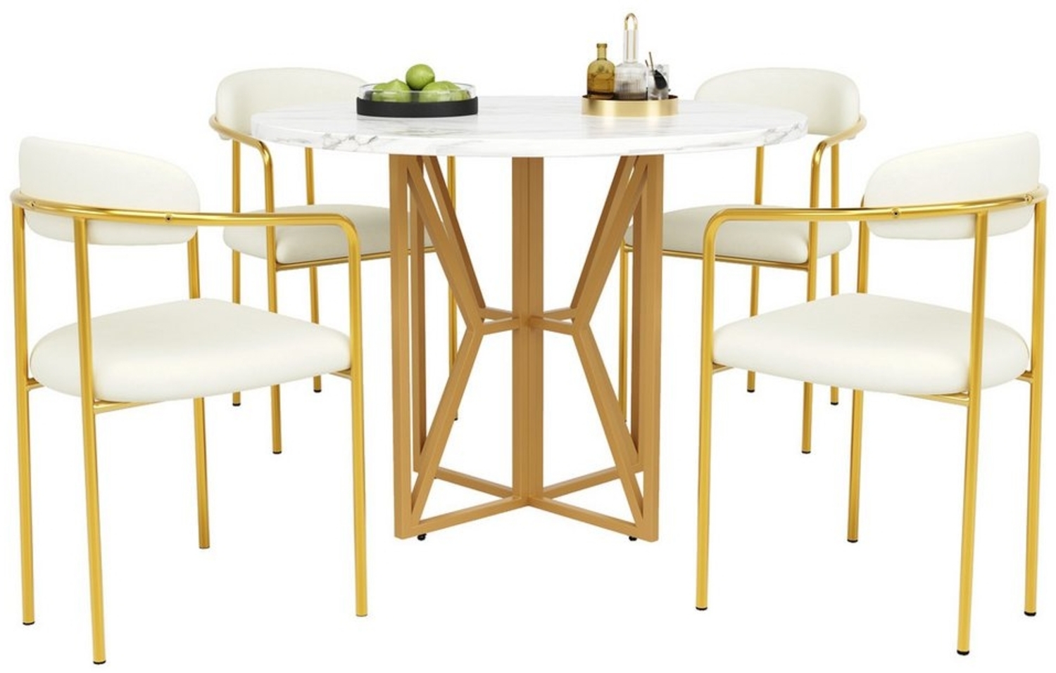 OKWISH Essgruppe Esstisch mit 4 Stühlen, (Elegantes Esstisch-Set (5 Teile) mit 80 cm runder Tischplatte und goldenen Metallbeinen, inklusive 4 komfortabler beige Samt-Stühle, ideal für Esszimmer und moderne Wohnungen – verstellbar und langlebig, 5-tlg) Bild 1