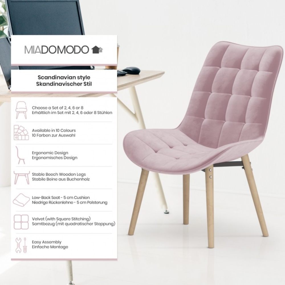 MIADOMODO® 8er-Set Esszimmerstühle gesteppt, Samt/Buchenholz rosa Bild 1