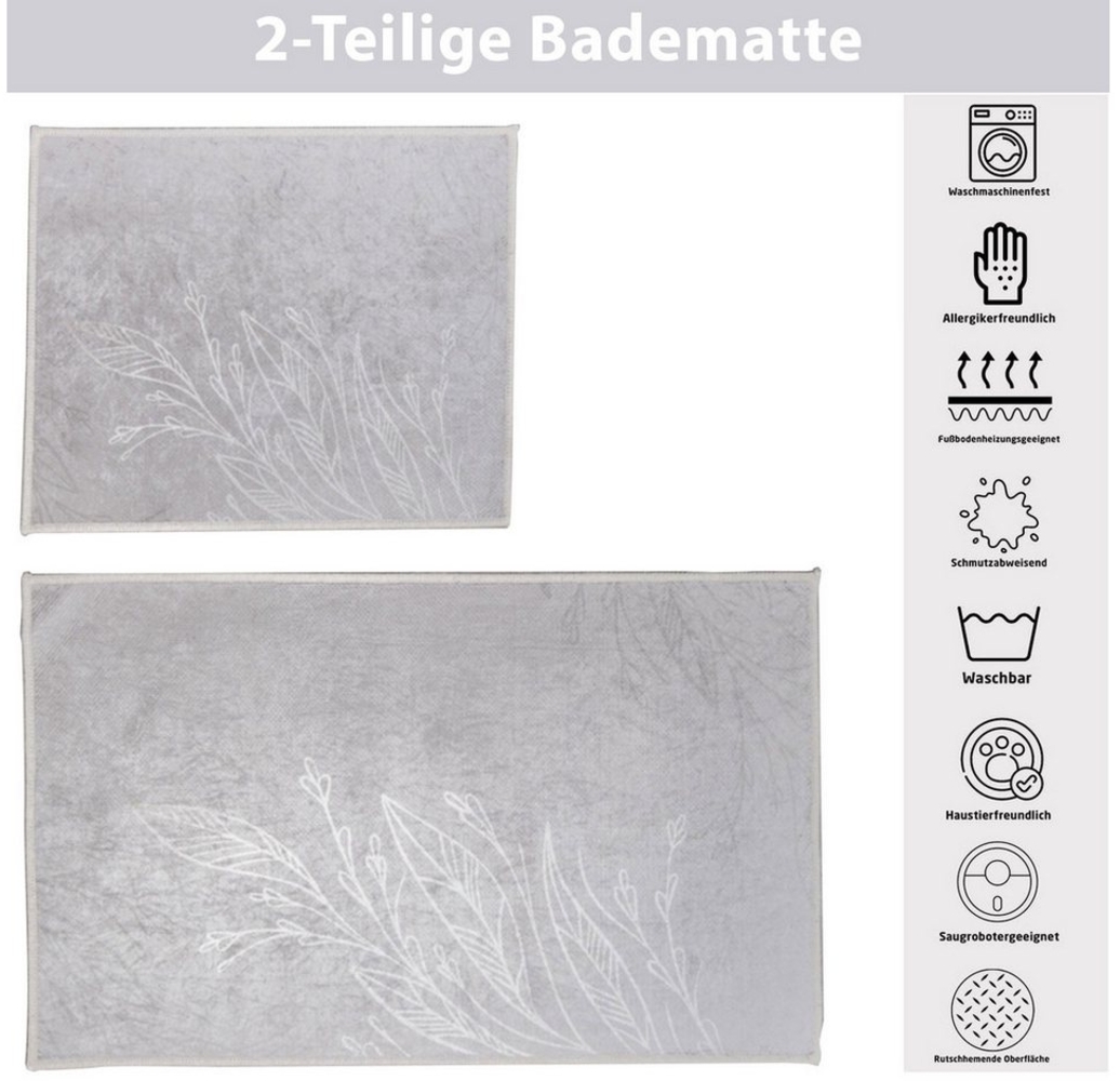 Jungengel Badematte Badteppich 2'er Rutschfest Vorleger Badvorleger Duschvorleger Grau, Höhe 8 mm, Obermaterial: 90% Baumwolle, 10% Polyester, Rechteckig, Waschbar 30°C, Flache Oberfläche, Premium Qualität, Rutschhemend Bild 1