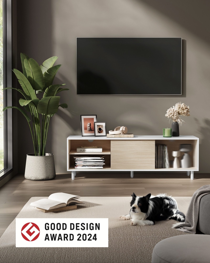Vasagle TV-Schrank für Fernseher bis zu 60 Zoll, superschnelle Montage, Toolless-Technologie, Fernsehtisch Wohnzimmer, geriffeltes Glas modern, 140 x 39 x 45 cm, wolkenweiß-naturbeige Bild 1