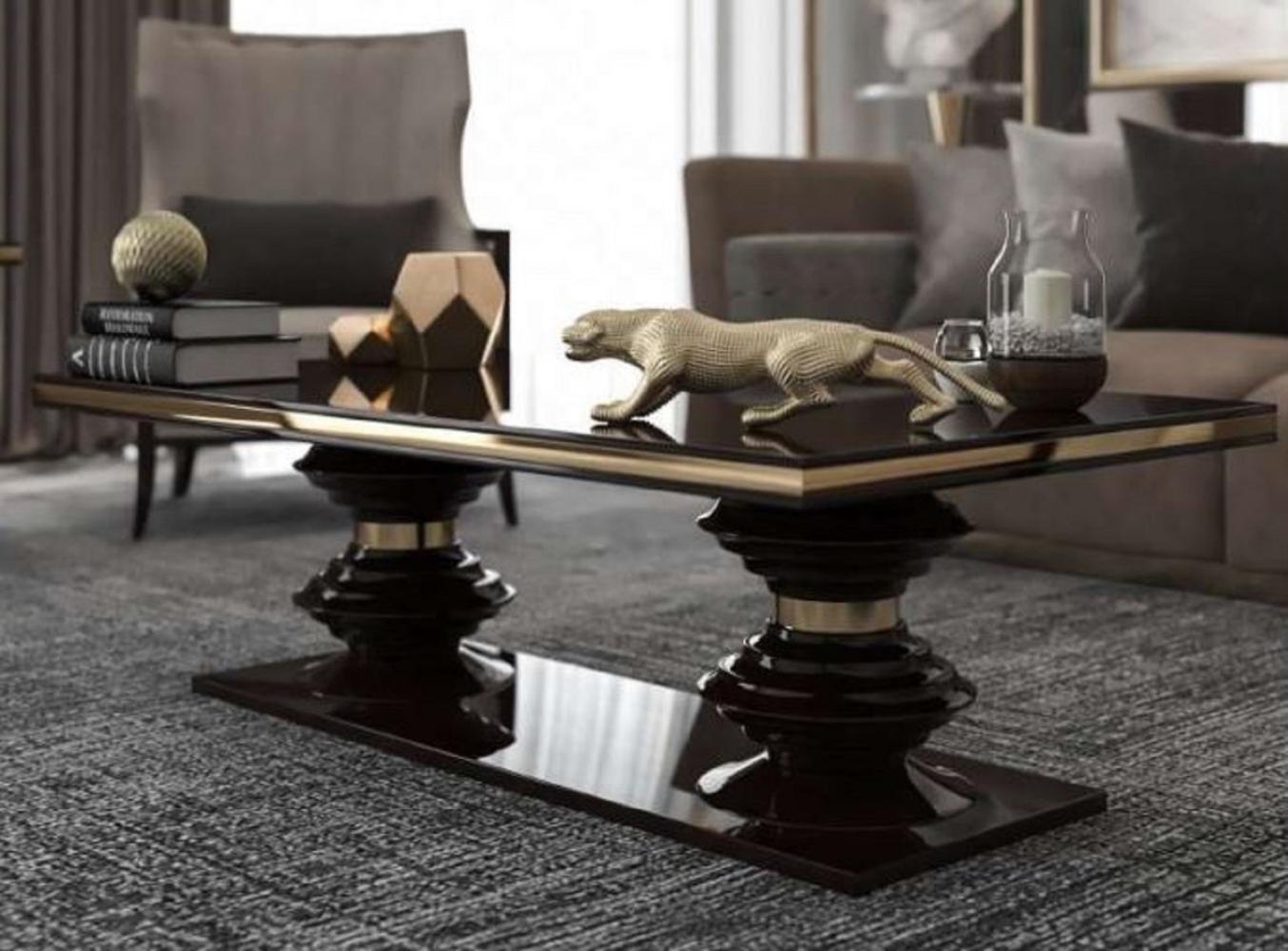 Casa Padrino Luxus Art Deco Couchtisch Dunkelbraun Hochglanz / Gold - Handgefertigter Wohnzimmertisch - Massivholz Tisch - Luxus Qualität - Art Deco Möbel Bild 1