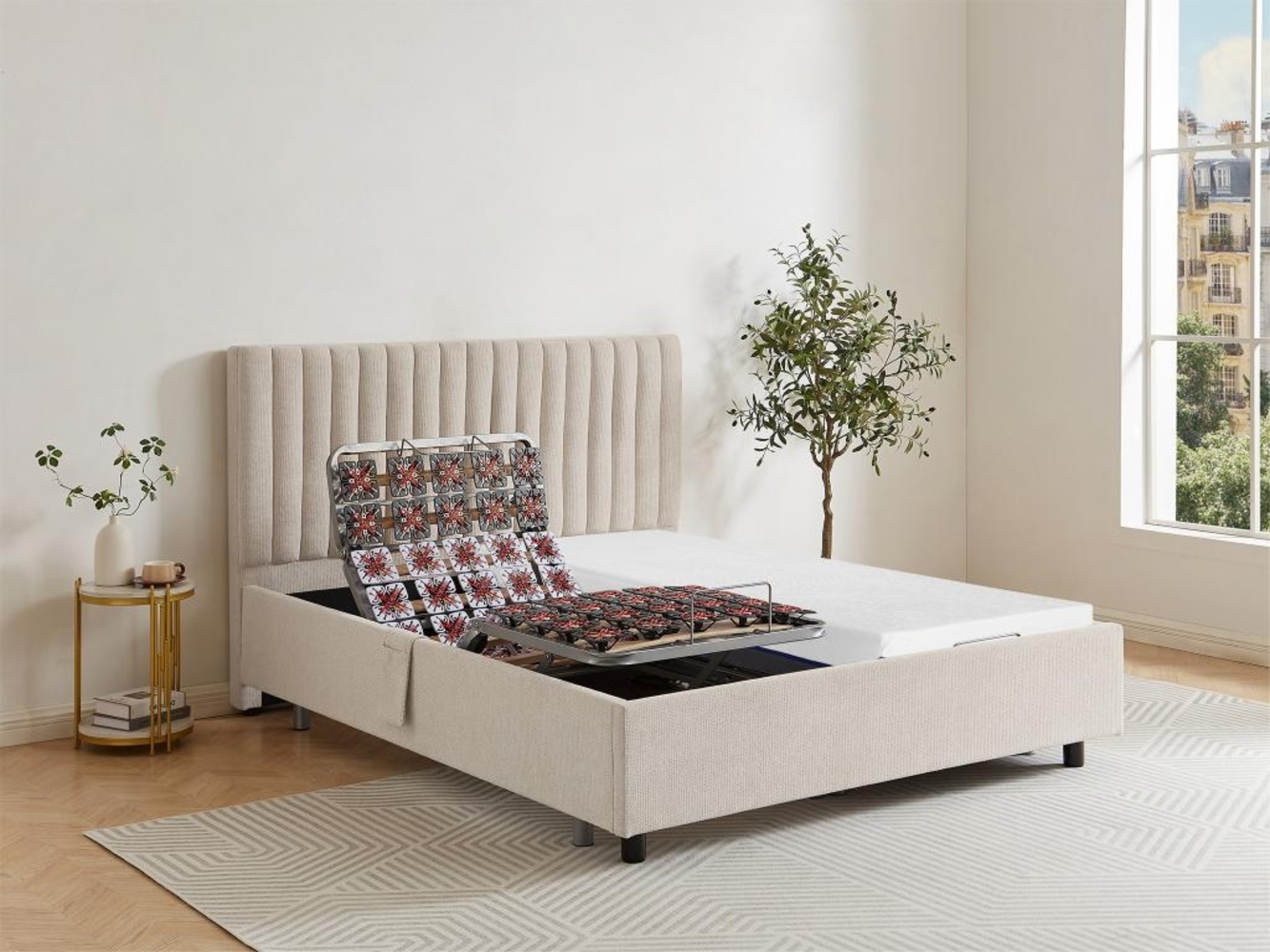 Dekoratives Bett mit elektrischer Relaxfunktion mit Tellern + Memory-Schaum-Matratze - 2 x 90 x 200 cm - Stoff - Beige - SASORA von DREAMEA Bild 1