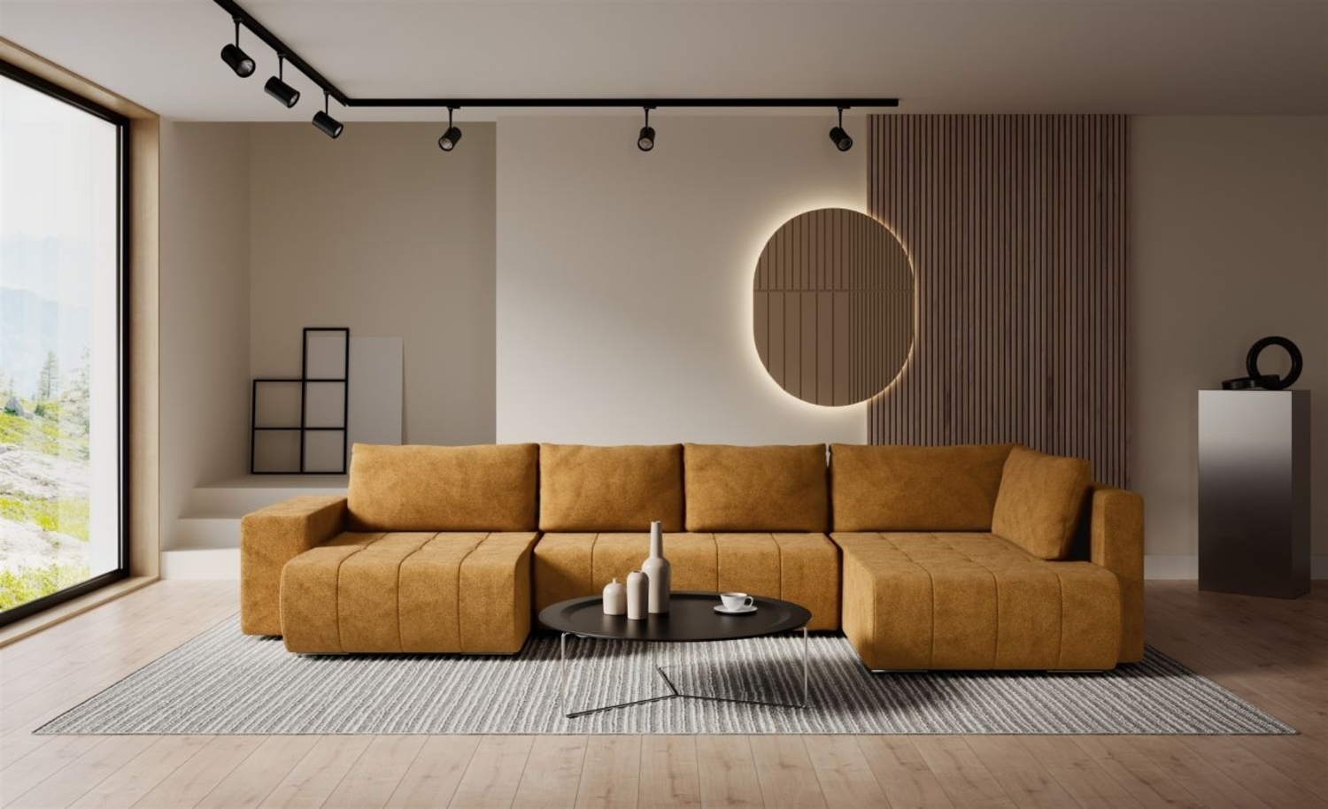 Wohnlandschaft Schlafsofa ARMANDA in Stoff Blur Honiggelb langer Schenkel Rechts Bild 1