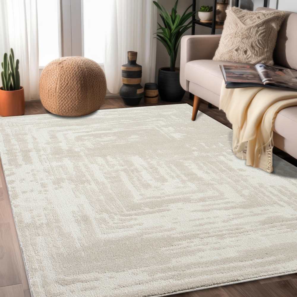 Teppich Wohnzimmer Kurzflor Beige 200x290cm Geometrisch Melierte Muster mit Hoch-Tief-Effekt, 3D Effekt, Weich Bild 1